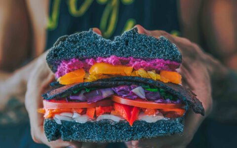 Bunt belegtes Sandwich als Symbol für die Ernährungsthemen der Redakteurin